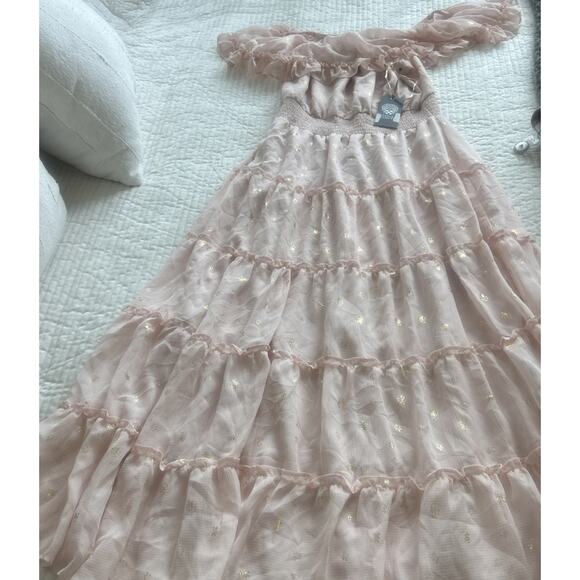 Vince Camuto Foiled Tiered Off-The-Shoulder Maxi Dress Rose Pink Size Medium NEW - Picture 3 of 12